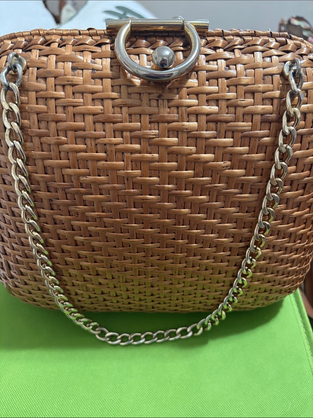 Rodo Tan Woven Satchel with Gold Chain Strap